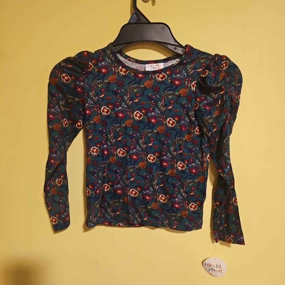NWT Colorful Planet Girls Size S(4/5) Cinched Long Sleeve Floral Blouse Shirt